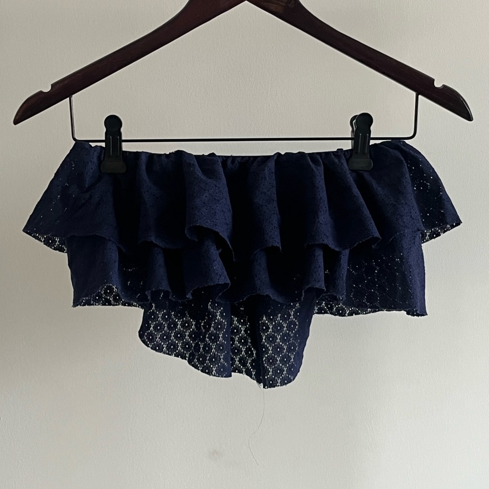 AERIE Navy Blue Strapless Ruffle Top